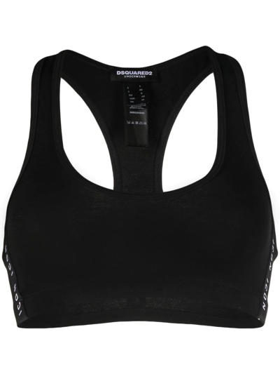 Dsquared2 Stretch Cotton Sport Bra With Logoed Bands In Black