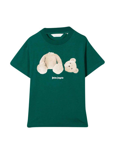Shop Palm Angels Boy T-shirt With Teddy Bear Print In Foresta