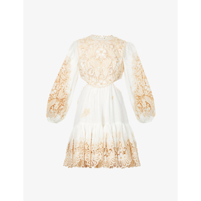 Shop Zimmermann Jeannie Floral-embroidered Linen Midi Dress In Ivory