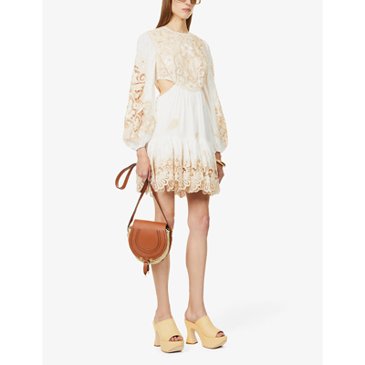 Shop Zimmermann Jeannie Floral-embroidered Linen Midi Dress In Ivory