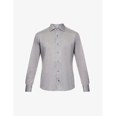 Shop Corneliani Branded-button Curved-hem Regular-fit Cotton-piqué Shirt In Grey