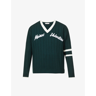 Shop Valentino Varsity Logo-embroidered Wool-knit Jumper In Verde/avorio