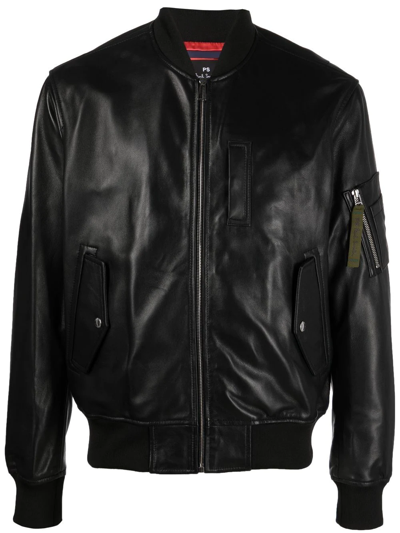 Shop Ps By Paul Smith Leather Bomber Jacket In Schwarz