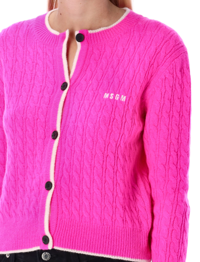 Shop Msgm Cable-knit Cardigan In Fluo Pink