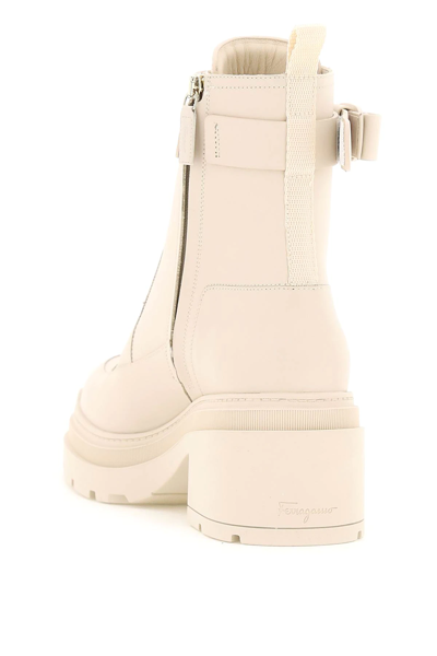 Shop Ferragamo Leather Boots With Vara Bow In White,beige