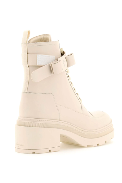 Shop Ferragamo Leather Boots With Vara Bow In White,beige