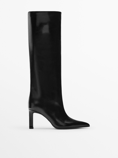 Shop Massimo Dutti Pointed Leather High-heel Boots In Black