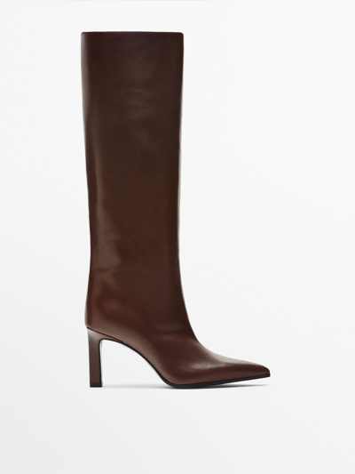Shop Massimo Dutti Pointed Leather High-heel Boots In Tan