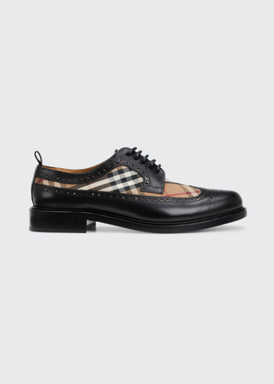 Shop Burberry Men's Leather & Check Textile Wingtip Oxford Shoes In Black