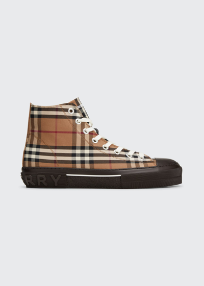 Shop Burberry Men's Jack Check Canvas High Top Sneakers In Birch Brown Ip Ch