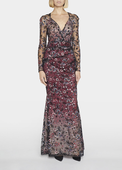 Shop Talbot Runhof Floral Sequin Embroidered Mesh Overlay Gown In Blackmulti