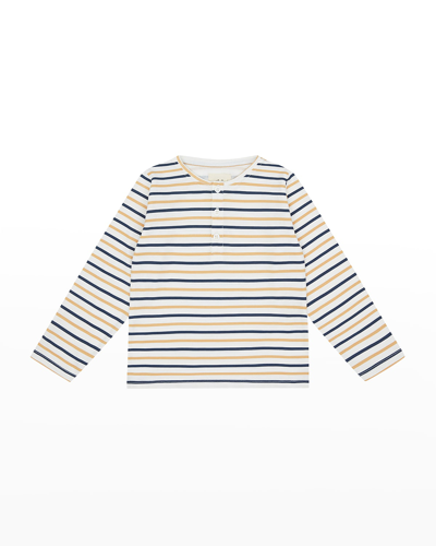 Shop Vild - House Of Little Kid's Cotton Henley Shirt In Mustard/navy Stri