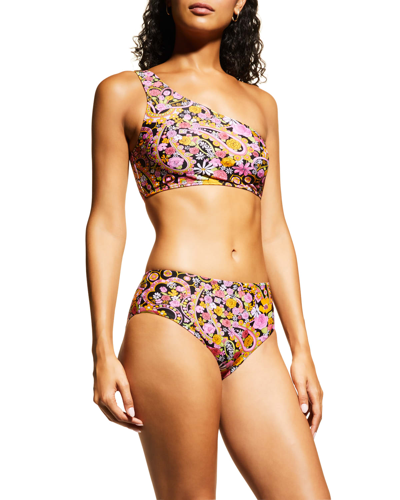 La Doublej Goddess Printed One-shoulder Bikini Top In Tripping Nero
