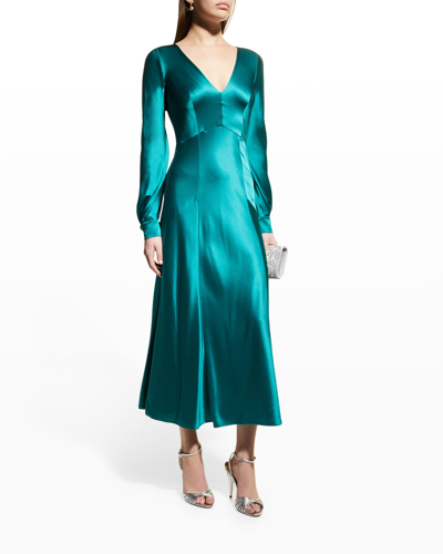 Shop Alberta Ferretti Paneled Organic Satin Midi Dress In Green