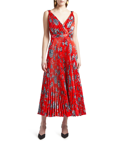 Shop Erdem Dorinda Floral-print Pleated Satin Midi Dress In Red