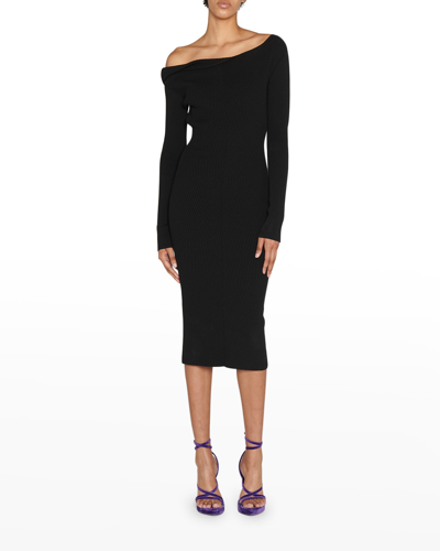 Shop Tom Ford Off-the-shoulder Rib Midi Dress In Black