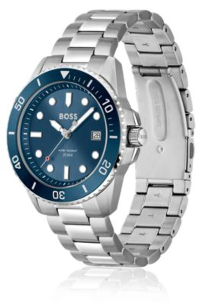 Shop Hugo Boss Boss Blue Dial Watch With Turning Bezel And Link Bracelet Men's Watches In Assorted-pre-pack