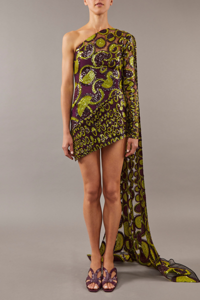 Shop Elie Saab Draped Embroidered Tulle Dress