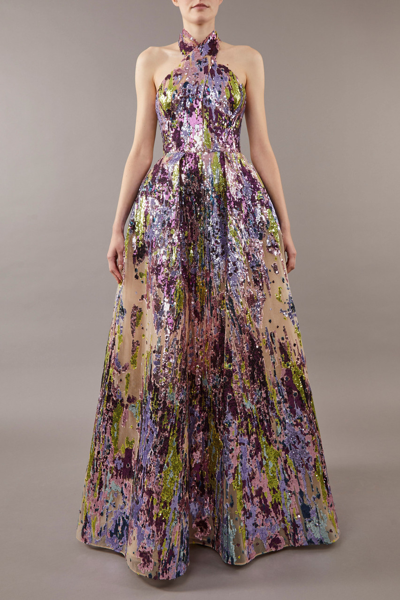 Shop Elie Saab Sequin Embroidered Halter Gown