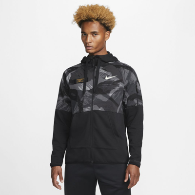 Shop Nike Men's Dri-fit Fleece Full-zip Camo Fitness Hoodie In Black