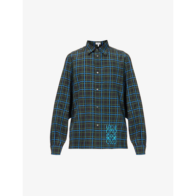 Shop Loewe Anagram-print Checked Relaxed-fit Silk And Cotton-blend Shirt In Dark Grey Blue