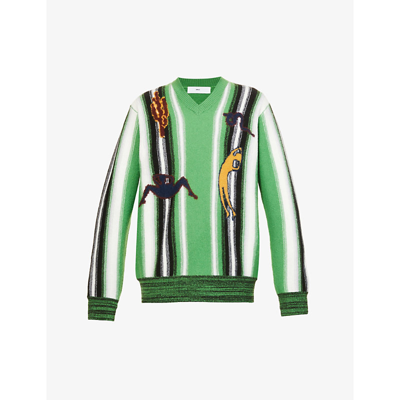 Shop Toga Virilis Striped Ribbed-trim Wool-knit Jumper In Green