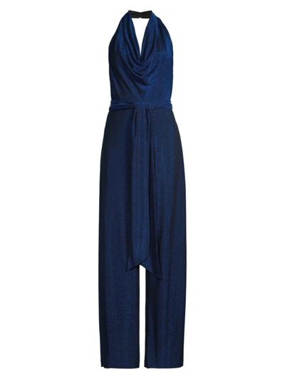 Shop Aidan Mattox Women's Cowlneck Metallic Knit Jumpsuit In Dynasty Blue