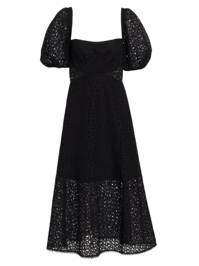 Shop ml Monique Lhuillier Women's Lace Puff-sleeve Midi-dress In Black