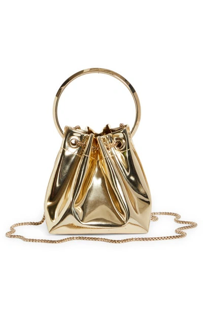 Jimmy Choo Shiny Mirror-effect Bon Bon Bag With Chain Drawstring And Metal Handle In Gold