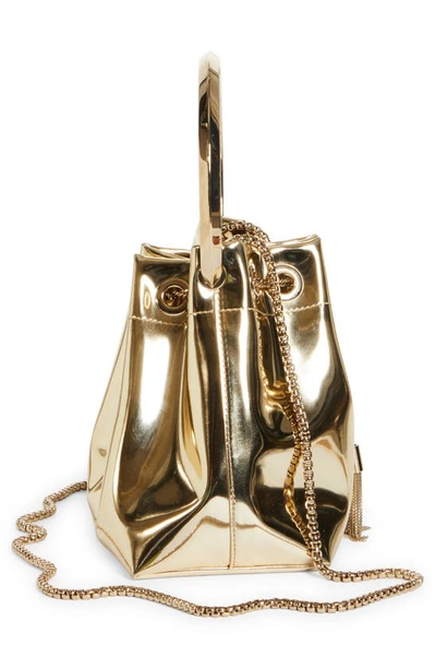 Jimmy Choo Shiny Mirror-effect Bon Bon Bag With Chain Drawstring And Metal Handle In Gold