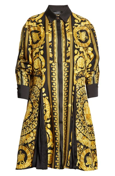 Shop Versace Barocco Print Silk Shirtdress In Black Gold