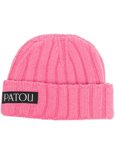 Shop Patou Logo-patch Ribbed-knit Beanie In Pink
