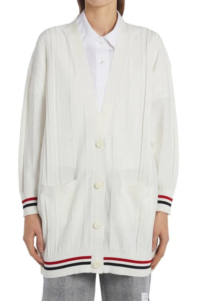 Shop Thom Browne Cricket Stripe Oversize Cotton Cardigan In White