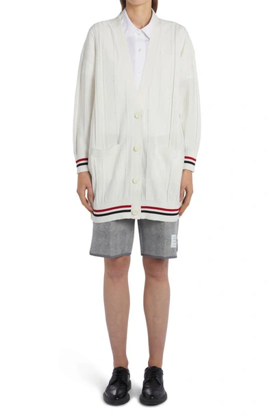 Shop Thom Browne Cricket Stripe Oversize Cotton Cardigan In White