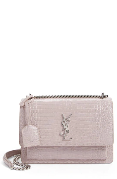 Shop Saint Laurent 'medium Monogram Sunset' Croc Embossed Leather Shoulder Bag In Rose Poudre
