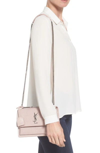 Shop Saint Laurent 'medium Monogram Sunset' Croc Embossed Leather Shoulder Bag In Rose Poudre