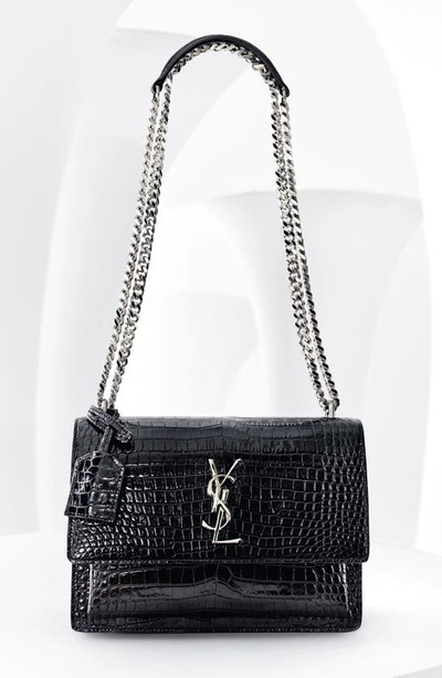 Shop Saint Laurent 'medium Monogram Sunset' Croc Embossed Leather Shoulder Bag In Rose Poudre