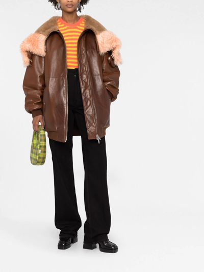 Prada Shearling-trim Zip-up Leather Jacket In Braun