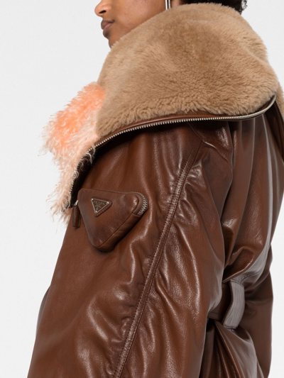 Prada Shearling-trim Zip-up Leather Jacket In Braun
