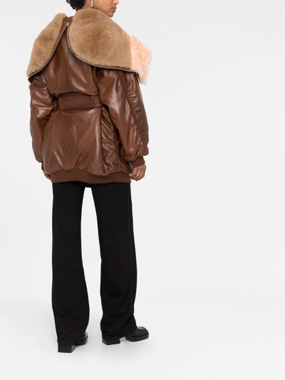 Prada Shearling-trim Zip-up Leather Jacket In Braun