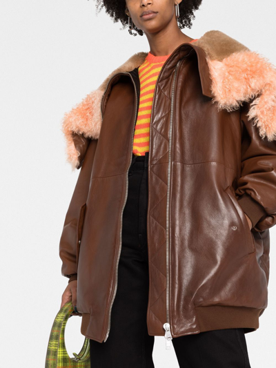 Prada Shearling-trim Zip-up Leather Jacket In Braun