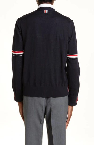 Shop Thom Browne Stripe Armbands Merino Wool Cardigan In Navy