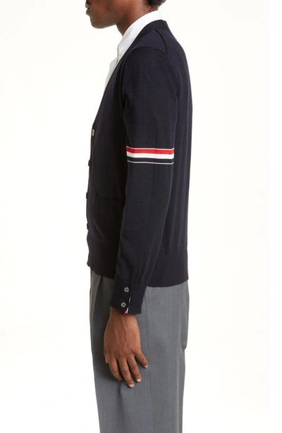 Thom Browne Stripe Armbands Merino Wool Cardigan In Navy