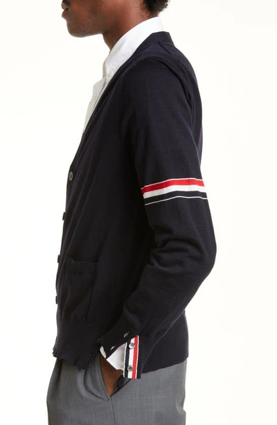 Shop Thom Browne Stripe Armbands Merino Wool Cardigan In Navy