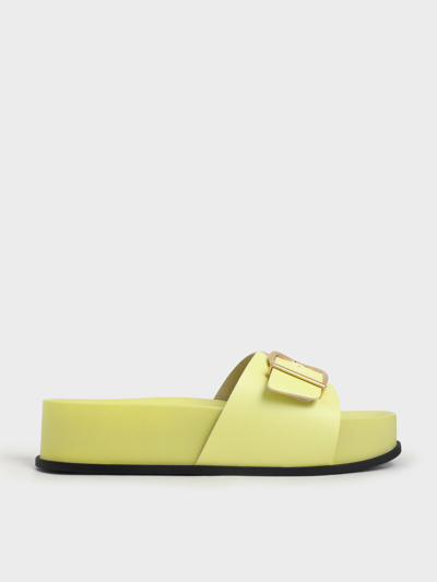 Shop Charles & Keith - Metallic Buckle Flatform Sandals In Yellow
