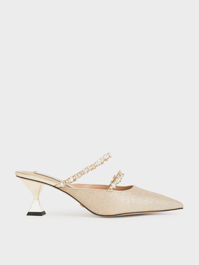 Shop Charles & Keith - Gem-encrusted Metallic Glittered Mules In Gold