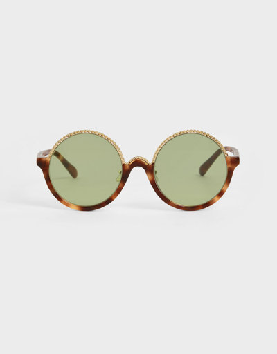 Shop Charles & Keith Tortoiseshell Half Frame Embellished Round Sunglasses In T. Shell
