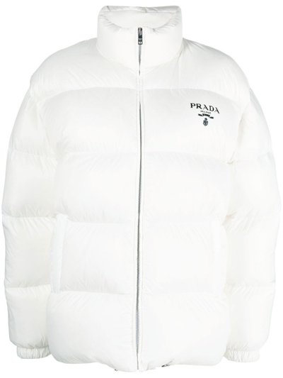Shop Prada `re-nylon` Down Jacket In Bianco
