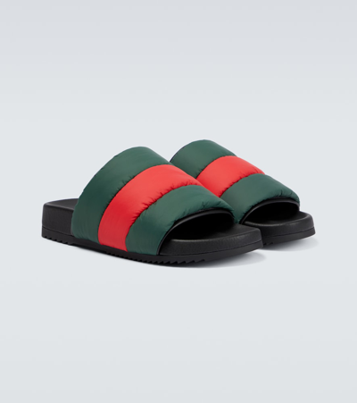 Shop Gucci Web Padded Nylon Slides In Green/blac/br.hibusc