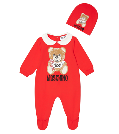 Shop Moschino Baby Set Of Printed Onesie And Hat In Poppy Red